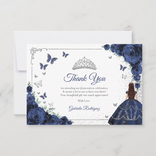 Carte De Remerciements Elegant Chic Navy Blue Roses Silver Quinceanera (Devant)