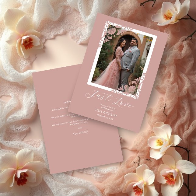 Carte De Remerciements Elegant Chic Pink Ornate Corner Photo Wedding (Elegant Chic Pink Ornate Corner Photo Wedding Thank You Cards.)