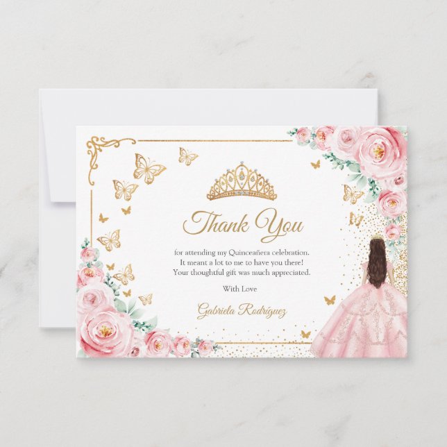 Carte De Remerciements Elegant Chic Pink Roses Gold Quinceanera (Devant)