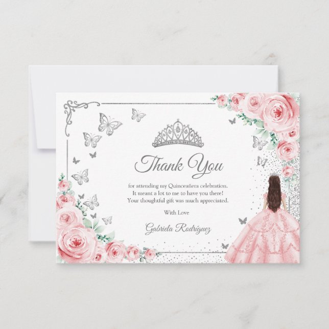 Carte De Remerciements Elegant Chic Pink Roses Silver Quinceanera (Devant)