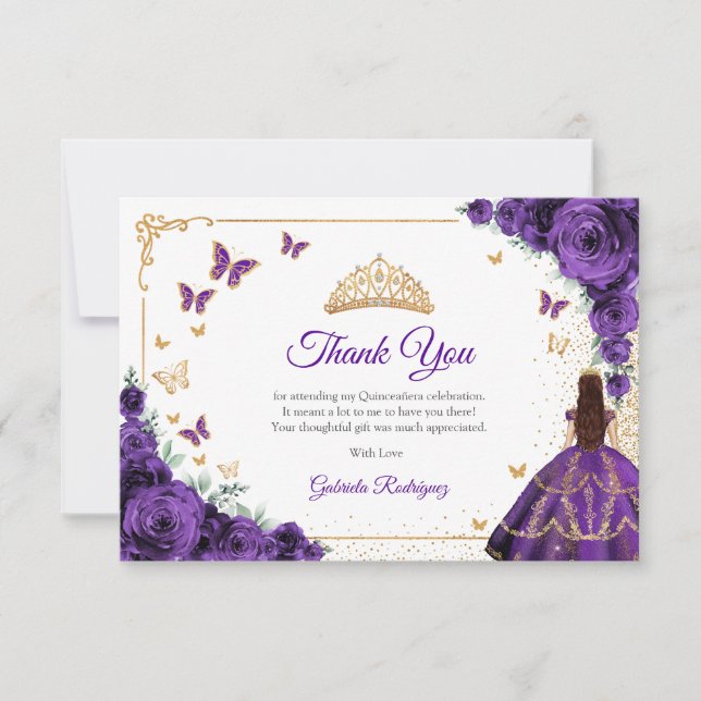 Carte De Remerciements Elegant Chic Purple Roses Gold Quinceanera (Devant)
