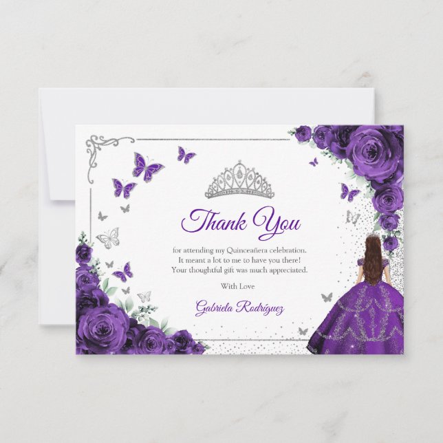 Carte De Remerciements Elegant Chic Purple Roses Silver Quinceanera (Devant)