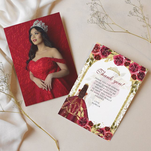 Carte De Remerciements Elégant Chic Rouge Floral Photo Quinceañera (Créateur téléchargé)