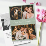 Carte De Remerciements Élégant Chic Sage Green 3 Photo Collage Mariage<br><div class="desc">Moderne, élégant "Amour et Merci" Script Sage Green Mariage 3 Photo Collage Carte de remerciements. Élégant, chic, carte de remerciements mariage modèle avec trois (3) photos sur le devant et une (1) photo sur le dos. Avec le texte "Amour et merci" script dans une tourbillonnant police de typographie lettrée à...</div>