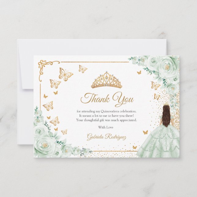 Carte De Remerciements Elegant Chic Sage Green Roses Gold Quinceanera (Devant)