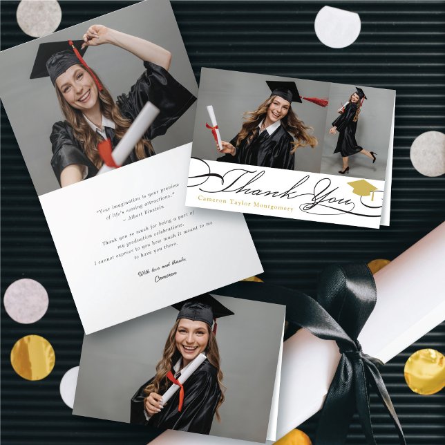 Carte De Remerciements Élégant Chic Script Graduation Cap 2 Photo Grad (Stylish Chic Script Graduation Cap 2 Photo Grad Thank You Folded Card @ zazzle.com/color_therapy)