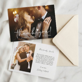 Carte De Remerciements Élégant Chic Script Love Heart Mariage Photo