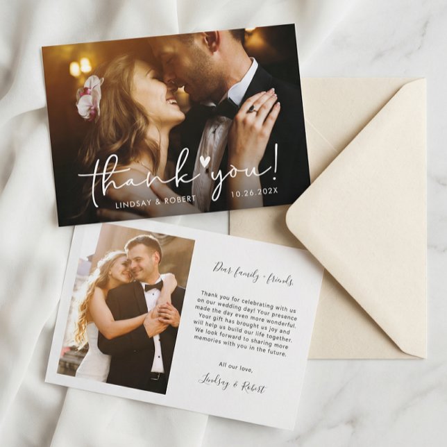 Carte De Remerciements Élégant Chic Script Love Heart Mariage Photo (Créateur téléchargé)