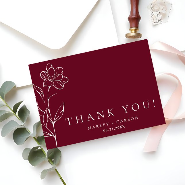 Carte De Remerciements Elegant Chic Sketched Floral Burgundy Wedding (Créateur téléchargé)