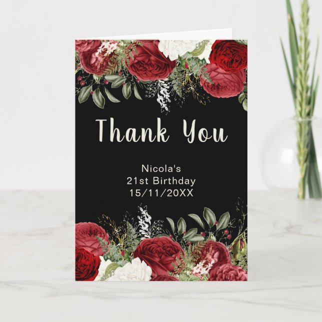 Carte De Remerciements Elegant Christmas Red Flowers Birthday Party (Devant)