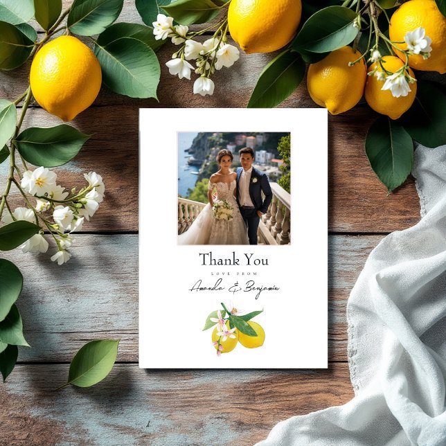 Carte De Remerciements Élégant citron Mariage botanique Photo (Elegant Lemon Botanical Wedding Photo Thank You Card)