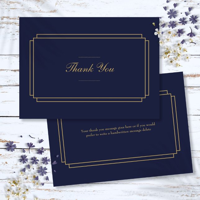 Carte De Remerciements Elégant classique Art Déco Marine Bleu et Or (Elegant Classic Art Deco Navy Blue and Gold Thank You Card)