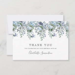 Carte De Remerciements Elégant classique Dusty bleu floral 100e anniversa