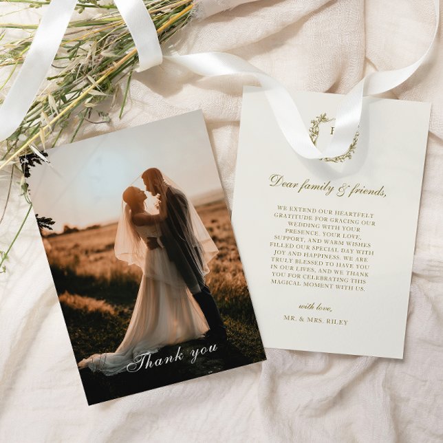 Carte De Remerciements Élégant classique Gold Crest Monogram Mariage phot (Créateur téléchargé)