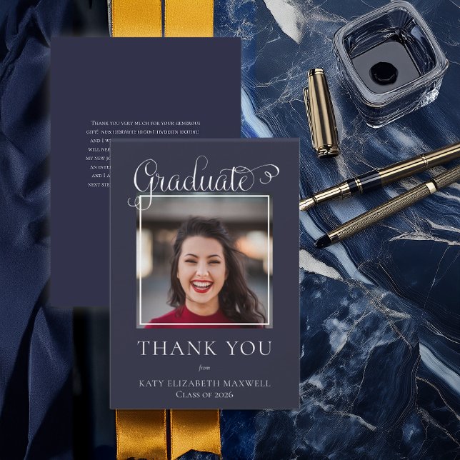 Carte De Remerciements Élégant Classy Script Graduate Photo Bleu (Elegant Classy Script Graduate Photo Blue Thank You Card)