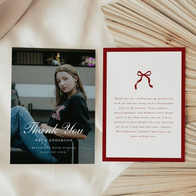 Carte De Remerciements Elegant Coquette Classic Wine Red Graduation Photo (Créateur téléchargé)