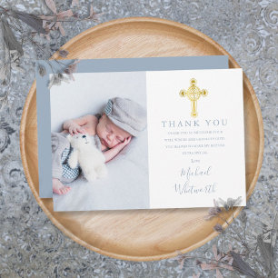 Carte De Remerciements Élégant Croix d'Or Photo Signature Script Baptême