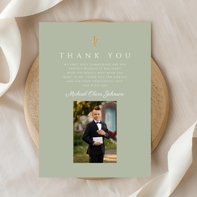 Carte De Remerciements Elégant Cross Boy First Communion (Elegant Cross Boy First Communion Thank You Card)