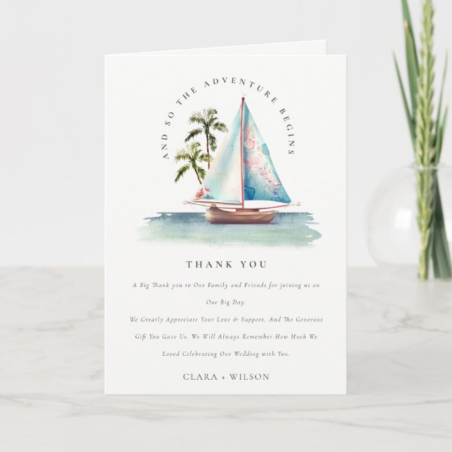 Carte De Remerciements Elégant Dusky Turquoise Sailboat Palm Mariage mari (Devant)