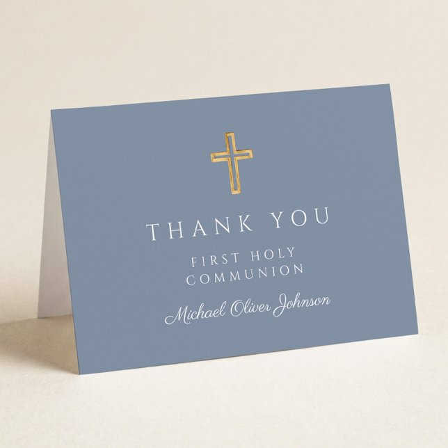 Carte De Remerciements Elegant Dusty Blue Boy First Communion  (Créateur téléchargé)