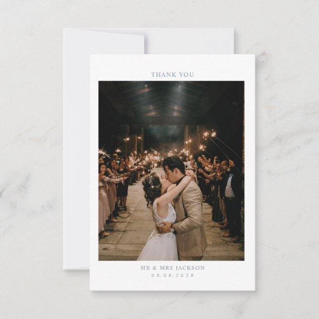 Carte De Remerciements Elégant Dusty Blue coeur simple avec Mariage photo (Devant)