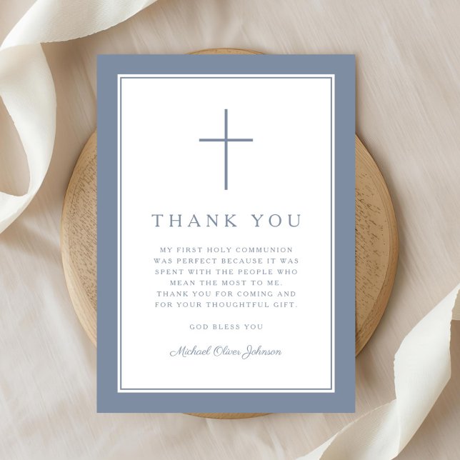 Carte De Remerciements Elegant Dusty Blue Cross Boy First Communion (Elegant Dusty Blue Cross Boy First Communion Thank You Card
)