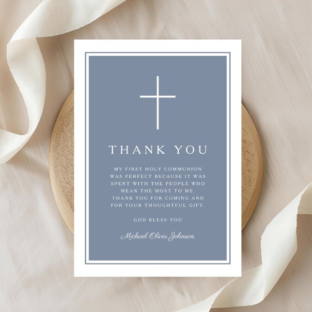 Carte De Remerciements Elegant Dusty Blue Cross Boy First Communion (Elegant Dusty Blue Cross Boy First Communion Thank You Card)