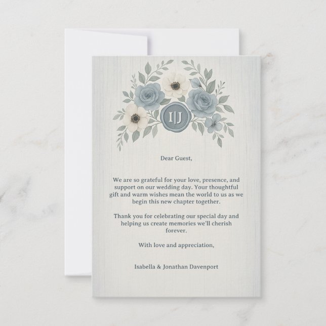 Carte De Remerciements Elegant Dusty Blue Floral Wax Seal Wedding (Devant)