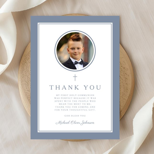 Carte De Remerciements Elegant Dusty Blue Photo Boy First Communion (Elegant Dusty Blue Photo Boy First Communion Thank You Card
)