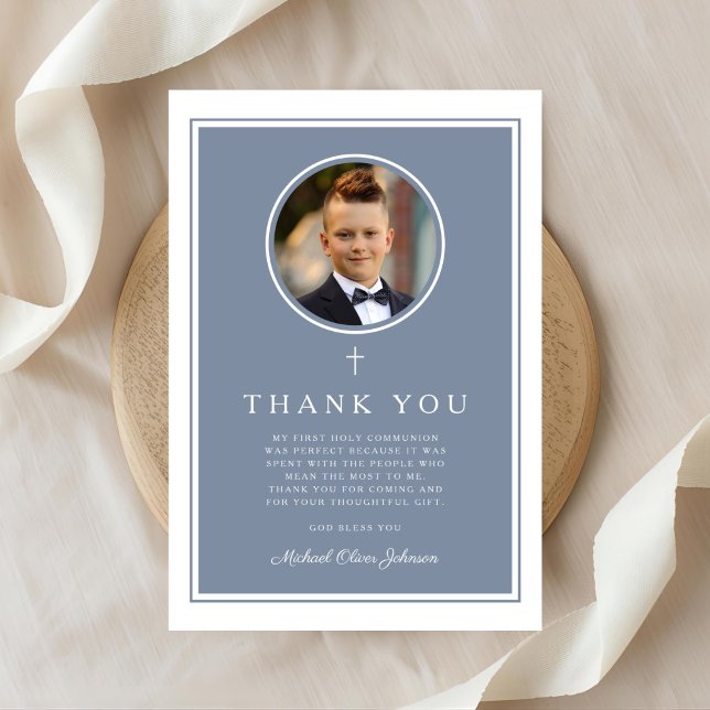 Carte De Remerciements Elegant Dusty Blue Photo Boy First Communion (Elegant Dusty Blue Photo Boy First Communion Thank You Card)