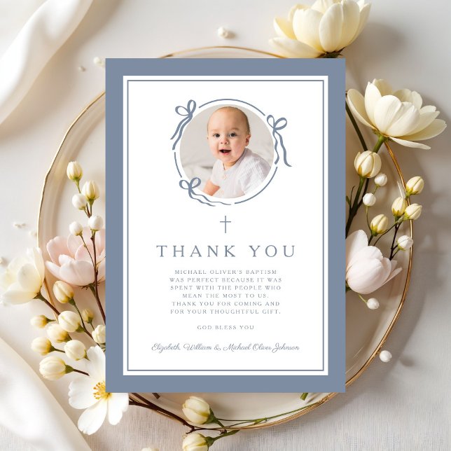 Carte De Remerciements Elegant Dusty Blue Religious Baptism Photo (Elegant Dusty Blue Religious Baptism Photo Thank You Card)