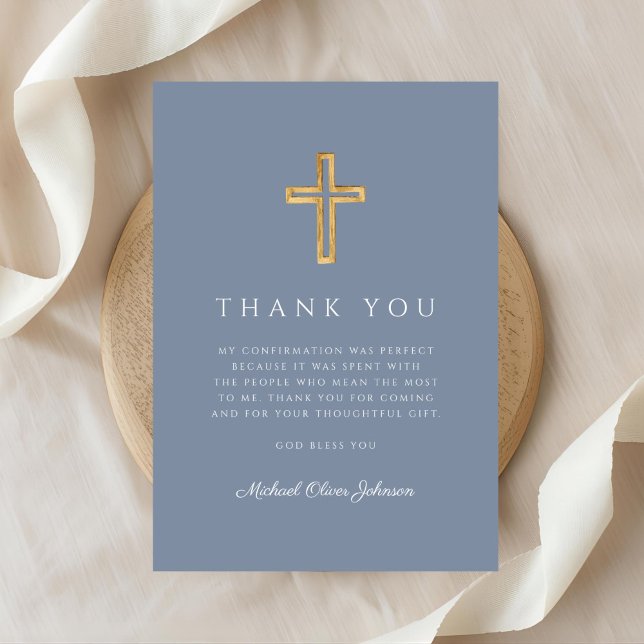 Carte De Remerciements Elegant Dusty Blue Religious Cross Confirmation (Elegant Dusty Blue Religious Cross Confirmation Thank You Card)