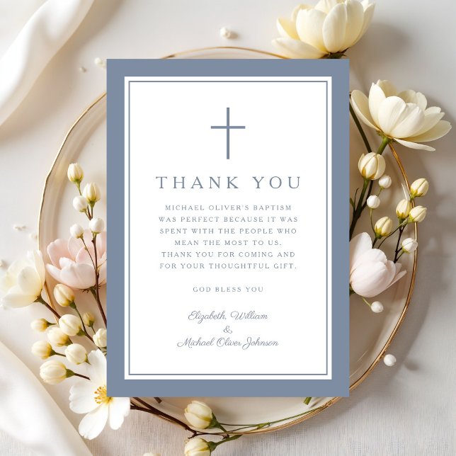 Carte De Remerciements Elegant Dysty Blue Religious Cross Baptism (Elegant Dysty Blue Religious Cross Baptism Thank You Card)