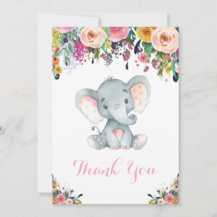 Carte De Remerciements Élégant Éléphant Bébé Fille Rose et Gris Floral