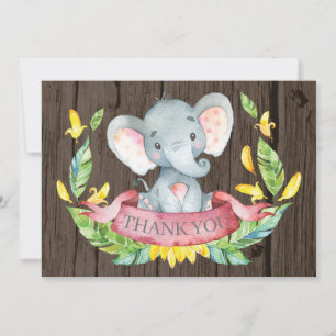 Carte De Remerciements Élégant Éléphant Rustique Bébé Fille Rose et Gris