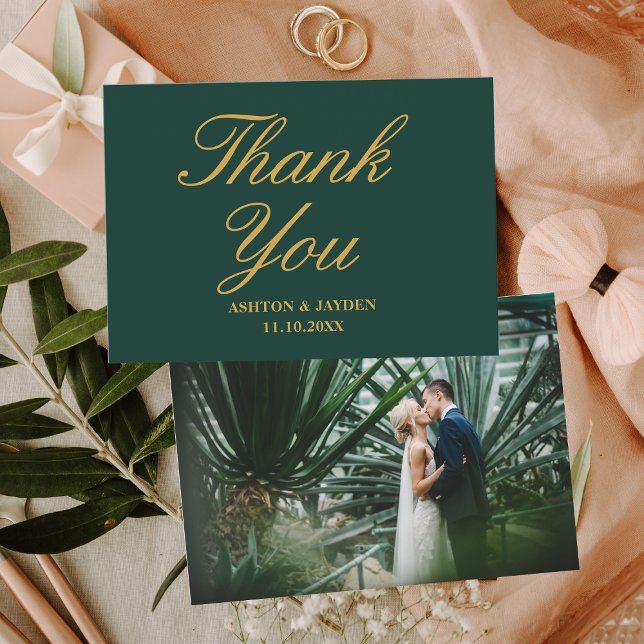 Carte De Remerciements Élégant Emerald Green Mariage photo (Elegant Emerald Green Gold Photo Wedding Thank You Card
)