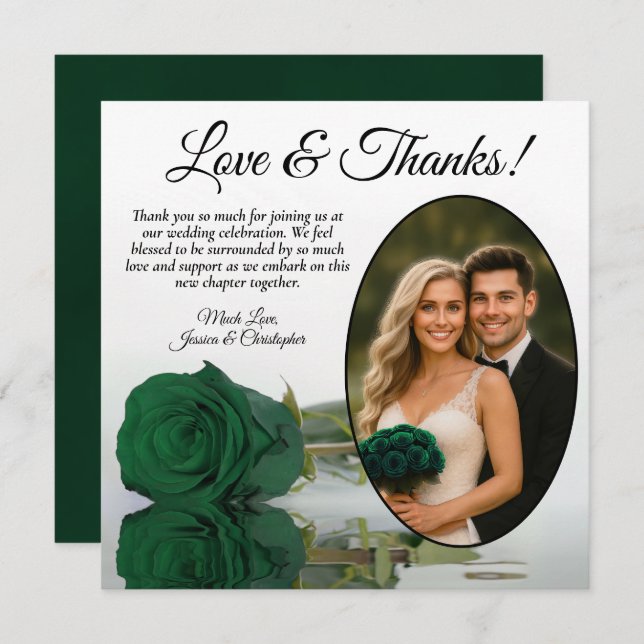 Carte De Remerciements Élégant Emerald Green Rose Oval Photo Mariage (Devant / Derrière)