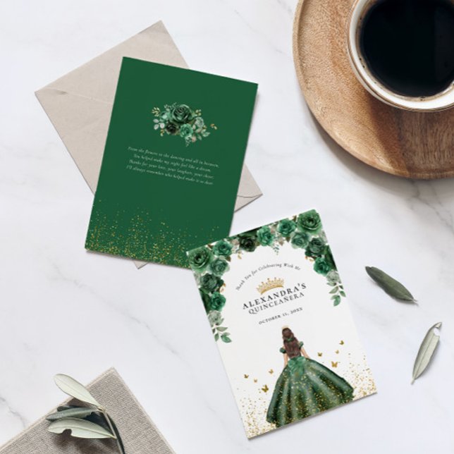 Carte De Remerciements Élégant Emerald Quinceañera Floral Faux Foil (Créateur téléchargé)