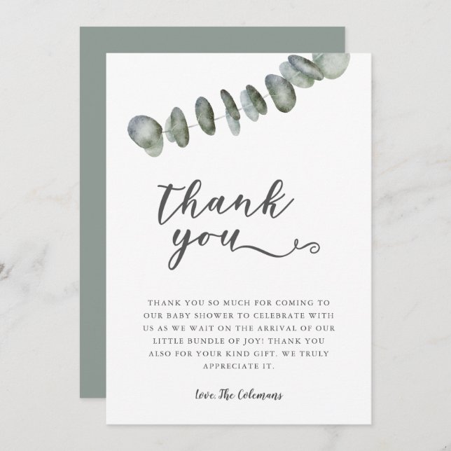 Carte De Remerciements Elégant Eucalyptus Aquarelle Feuille Baby shower (Devant / Derrière)