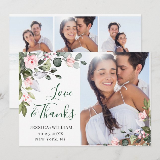Carte De Remerciements Elegant Eucalyptus Blush Pink Roses 4 PHOTO (Devant / Derrière)