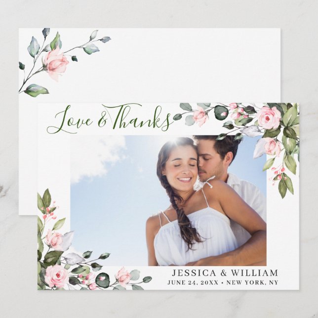 Carte De Remerciements Elégant Eucalyptus Blush Rose Roses (Devant / Derrière)