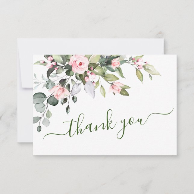 Carte De Remerciements Elegant Eucalyptus Blush Roses Floral (Devant)