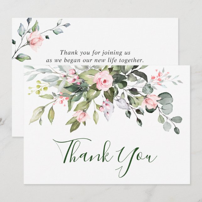Carte De Remerciements Elégant Eucalyptus Blush Roses Rose Mariage Floral (Devant / Derrière)