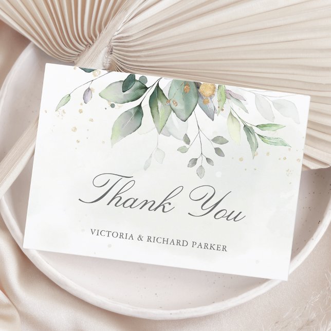 Carte De Remerciements Elegant Eucalyptus Leaves Greenery Gold Wedding (Créateur téléchargé)