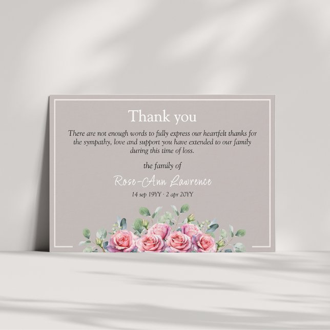 Carte De Remerciements Elegant Eucalyptus Pink Roses Sympathy Funeral (Pink roses eucalyptus thank you card, family sympathy. Taupe and cream color)