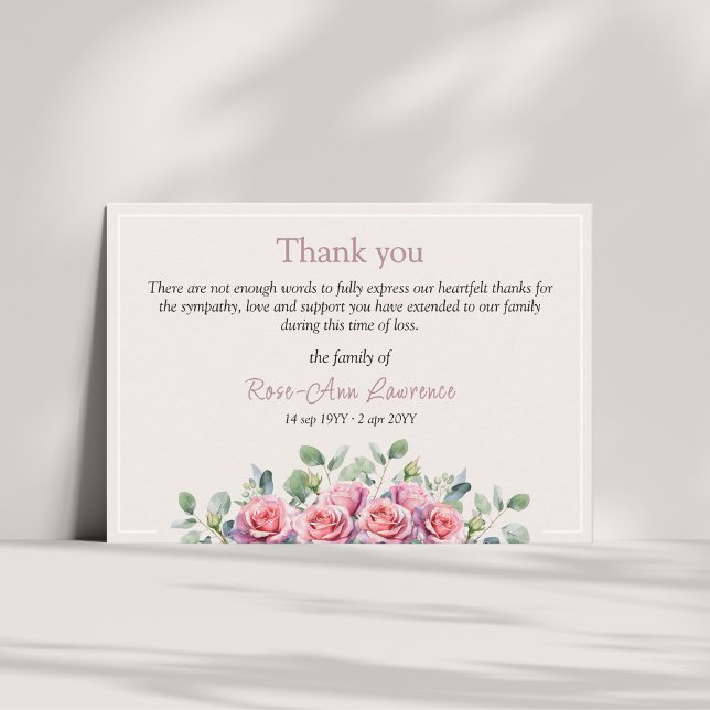 Carte De Remerciements Elegant Eucalyptus Pink Roses Sympathy Funeral (Elegant cream ivory thank you card. Pink roses and sage green eucalyptus leaves. memorial service)