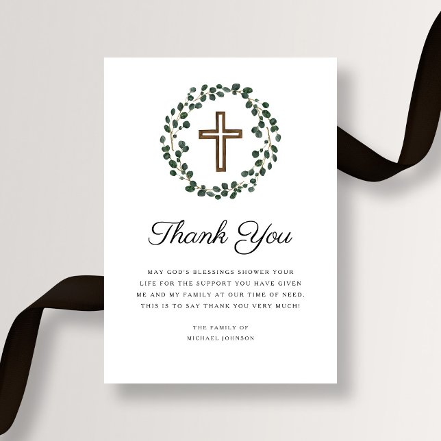Carte De Remerciements Elégant Eucalyptus Religieux Croix Funérailles (Elegant Eucalyptus Religious Cross Funeral Thank You Card)