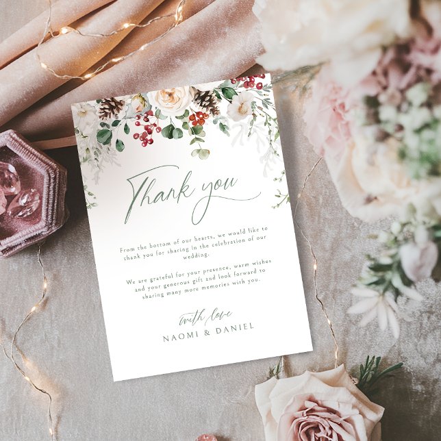 Carte De Remerciements Elegant Festive Floral Holiday Winter Wedding  (Elegant Festive Floral Holiday Winter Wedding Thank You Card)