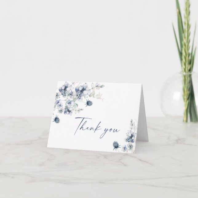 Carte De Remerciements Elégant feuillage d'hiver bleu Dusty Boho Aquarell (Devant)