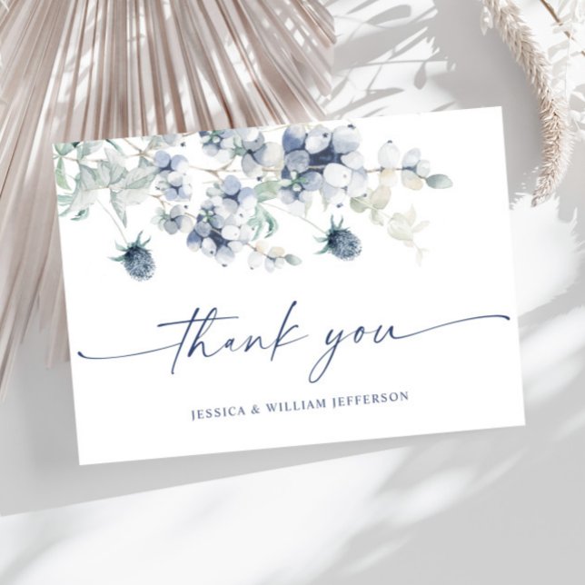 Carte De Remerciements Elégant feuillage d'hiver bleu Dusty Boho Aquarell (Créateur téléchargé)